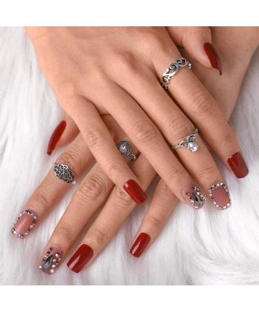 Sethexy Medium Glossy Red Sparkle False Fingernails with Glue | 24pc Acrylic Press-On Nails with Rhinestones for Women & Girls - Buy Online on GoSupps.com