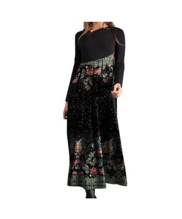 Formal Dresses for Women Casual Fashion Fall Wedding Guest Long Sleeve Midi Dresses Black Cocktail Party Plus Size Tunic Flower Shirt Dresses Long Hawaiian Dresses(E Black,Large)