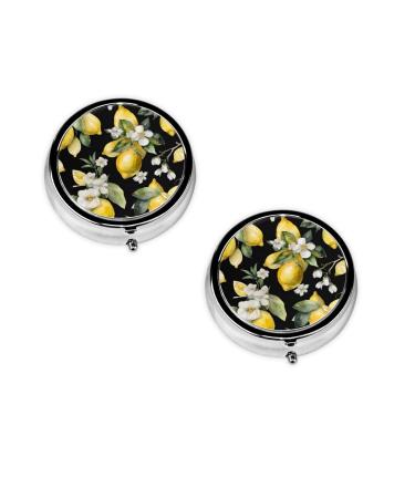 (Lemon and Flower) Round Pill Box 3 Compartment Pill Box Mini Decorative Pocket Purse Portable Travel Medicine Tablet Vitamin Holder Organizer Pill Case