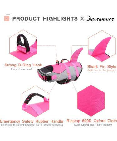Queenmore Adjustable Dog Life Jacket - High Buoyancy Ripstop Float Coat for Small & Medium Dogs - Pink Shark Design - Buy Online on GoSupps.com