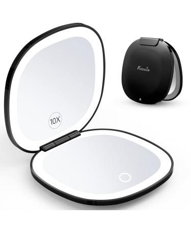 KEDSUM Lighted Travel Makeup Mirror  Rechargeable 1X/10X LED Travel Magnifying Compact Mirror with Light  Dimmable Double Sided Small Folding Mirror  Portable Mirror for Handbag  USB Charging (Black)