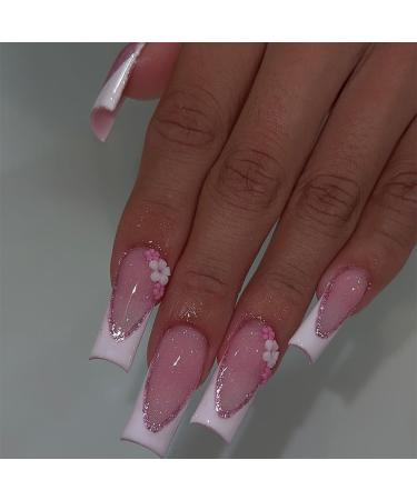 French Tip Press on Nails - Short Square Press On Nails with Nail Tips White edged long fake nails with glittering pink flower nails press on nails Acrylic False Nails Cute Artificial Nails