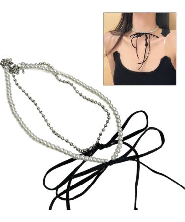 Oralgos Vintage Bowknot Necklace - Elegant Double-Layer Pearl Choker | Aesthetic Collarbone Chain Fashion Jewelry - Buy Online on GoSupps.com