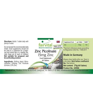 Fairvital | Zinc Picolinate with 15mg Zinc - Important for taste and smell - 60 tablets - 1 Box for 2 months! - Buy Online on GoSupps.com