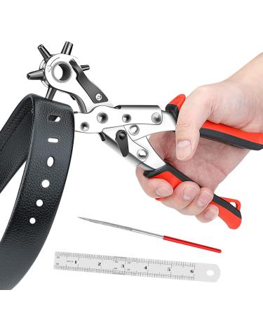 AIRAJ Pro Belt Hole Puncher for Leather,6 Multi-Hole Sizes Revolving Punch Plier Kit for Watch Bands, Straps, Dog Collars, Saddles, Shoes, Fabric, DIY Home or Craft Projects, Heavy Duty Rotary Puncher
