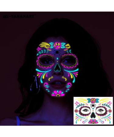 GotGala 4 sheets Day of the Dead Face Temporary Tattoos Glow in Dark Sugar Skull Halloween Makeup Floral Black Skeleton Web Full Mask Stickers for Women Men Dia De Los Halloween Masquerade Party Favor Supplies - Buy Online on GoSupps.com