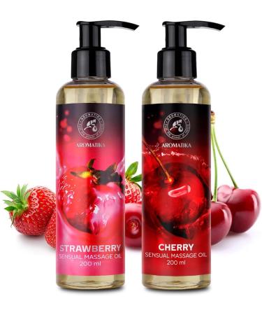 Sensual Massage Oil Set 2x200ml - Strawberry & Cherry - Edible Kissable Body Massage Oil with Almond & Grape Seed Oil for Couples - Buy Online on GoSupps.com