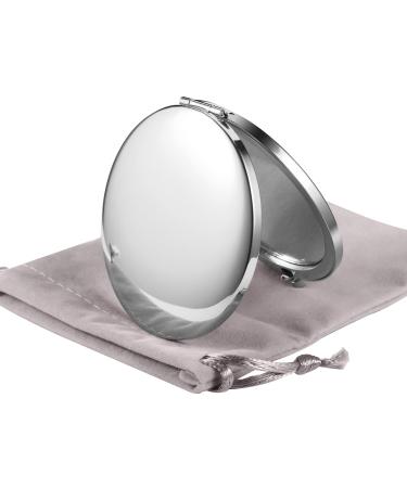 Dynippy Compact Mirror Round Silver Cosmetic Mirror Folding Mini Pocket Mirror Portable Hand Mirror Double Sided Curved 2 x 1x Magnification Woman Mother Child Great Gift - Silver