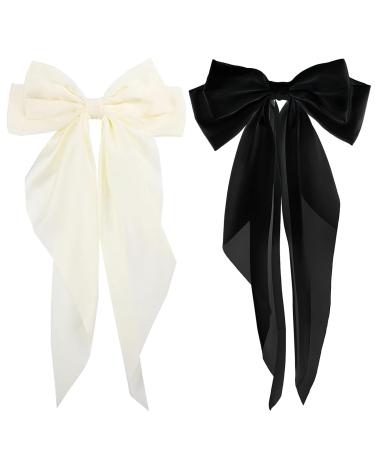 2 Pcs Big Hair bow Hair Bows for Women Bow Hair Clip Elegant Solid Color French Barrette Bows For Hair With Long Silky Satin Hair Barrettes Accessories Bow Hair Clips for Women Girl(Black+Cream)