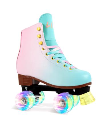 LIKU Quad Roller Skates for Girl and Women with All Wheel Light Up,Indoor/Outdoor Lace-Up Fun Illuminating Roller Skate for Kid Pink&Blue 3-4