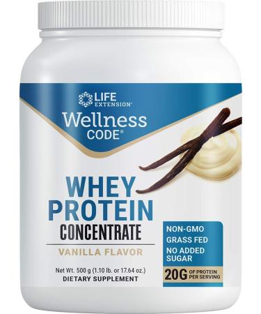 Life Extension Wellness Code Whey Protein Concentrate 20g Muscle Growth & Immune Health - Sourced From Grass-Fed Free-Range Hormone-Free Cows Non-GMO No Added Sugar Vanilla- 500g