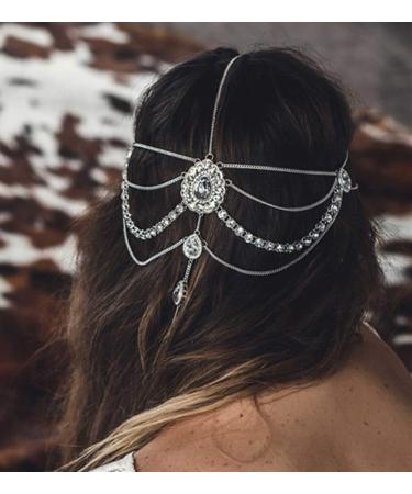 DoubleNine Bohemian Head Chain Bridal Wedding Headpiece Rhinestone Teardrop Headband Crystal Hair Accessories Headpiece Godness Head Dress for Women (silver)