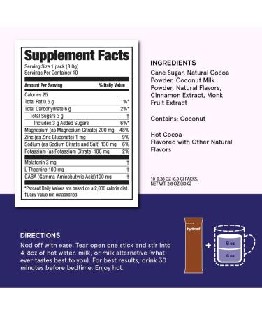 Hydrant Sleep Hydration Powder - Hot Cocoa Electrolyte Mix with Melatonin, L-Theanine, GABA & Chamomile - Fast-Acting Rest & Recovery Drink - 10 Pack - Buy Online on GoSupps.com