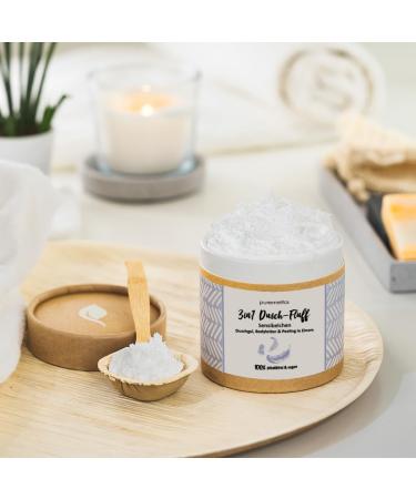 Puremetics 3-in-1 Shower Fluff Sensitive - Vegan Sugar Peeling Gel & Lotion 250g | Plastic-Free Body Care - Buy Online on GoSupps.com