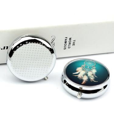 Round White Dream Catcher Pill Box - 3 Compartment Decorative Metal Organizer | Portable Pocket Medicine Case - Style 39 - Buy Online on GoSupps.com