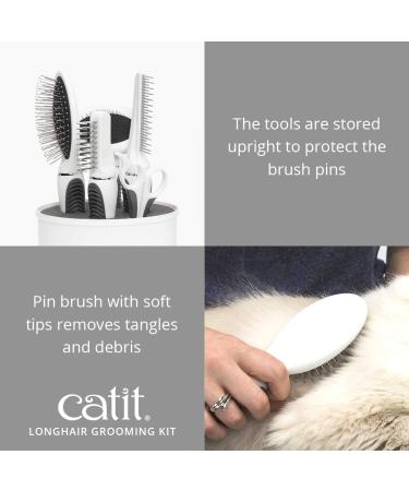 Catit Grooming Kit for Medium-Longhaired Cats. Canister includes 5 tools: Pin brush Long dematter metal slicker brush grooming comb with rolling pins and curved nail clippers - Buy Online on GoSupps.com