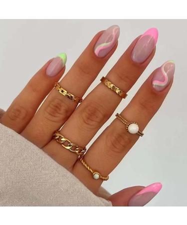 Kamize Almond French Press on Nails Acrylic Swirl Fake Nails Medium Full Cover Pink False Nails for Women and Girls 24PCS
