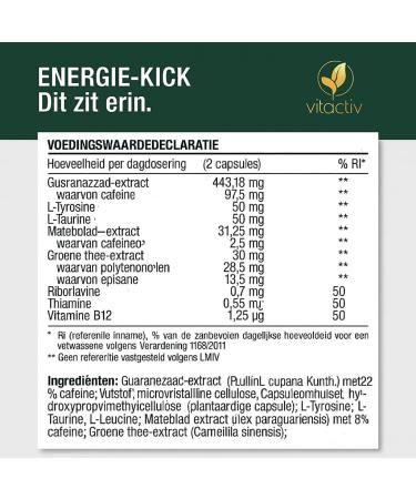 Vitactiv Natural Nutrition VITACTIV Energy Kick 90 Guarana Capsules with Matte Green Tea LTyrosine LTaurine plus B Vitamins Energy Capsules 100mg Caffeine Booster Vegan High Dose - Buy Online on GoSupps.com