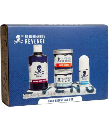 The Bluebeards Revenge Daily Essentials Set Men s 5 piece gift set Original Body Wash Face Scrub Cooling Moisturiser Roll-On Antiperspirant & Flannel - Buy Online on GoSupps.com