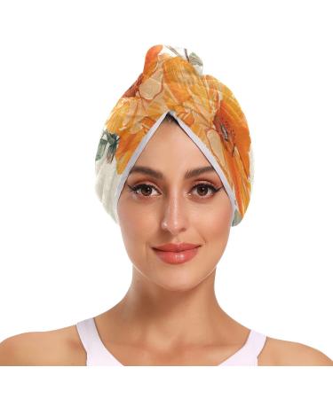 Orange Flowers Butterfly Hair Towel 2 Pack Super Absorbent Hair Drying Towel Quick Dry Hair Turbans Head Towel with Button Twisty Wrap for Women Girls