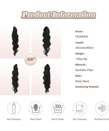 FESHFEN Long Curly Wavy Ponytail Extension | Drawstring Synthetic Hairpiece 60cm | Off Black 1B# for Women & Girls - Buy Online on GoSupps.com