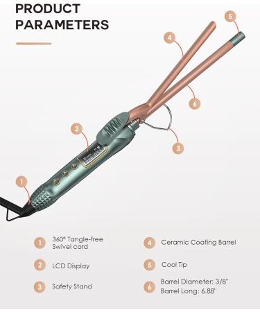 3/8 Inch Curling Iron - Tiny 9mm Wand for Medium Long Hair Ceramic Barrel LCD Display Heat Glove - Perfect Tight Curls in Green - Buy Online on GoSupps.com