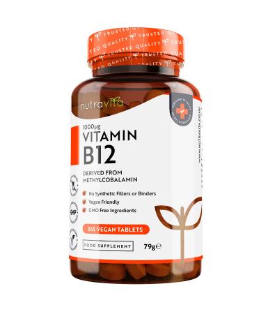 Vitamin B12 1000mcg - 365 High Strength Vegan Tablets (1 Year Supply) - Max Strength B12 Supplement - Contributes to The Reduction of Tiredness and Fatigue - Made in The UK by Nutravita 365 Count (Pack of 1)