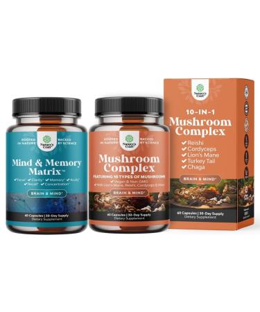 Bundle of Nootropic Brain Supplement - Mental Health & Clarity with VIT A B6 Riboflavin Niacin Thiamin Folate and Advanced Mushroom Complex Capsules - 10X Lions Mane with Reishi Chaga Maitake Shiitake