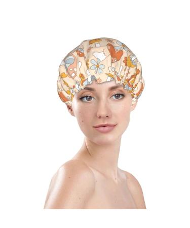 Cute Cartoon Mushrooms Shower Cap for Women | Reusable Waterproof Hair Protector | Adjustable & Stretchy Shower Hat | Retro Floral Hippie Design - Buy Online on GoSupps.com