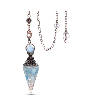 Jovivi Natural Aquamarine Healing Crystal Pendulums for Dowsing Divination 6 Facted Hexagonal Pointed Cone Resin Chip Stones Reiki Wicca Spritual Gemstone Chakra Energy Pendant with Chain Bronze - Aquamarine Stone