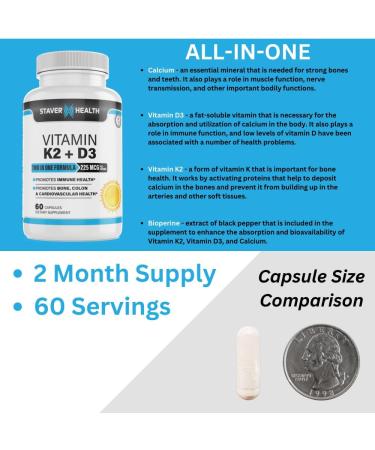 Staver Health Vitamin K2 D3 w/Calcium and Bioperine Vitamin K2 (MK7) with D3 Supplement Non-GMO Vitamin D3 Vitamin K2 MK-7 Easy to Swallow Vitamin D & K Complex 60 Capsules - Buy Online on GoSupps.com