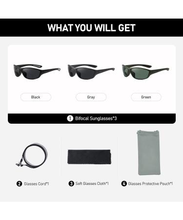 Buy Bifocal Sunglasses for Men & Women - UV400 Sports Style Fishing Glasses - 3 Pack in Black Green Gray - +2.50 Diopters Reader - Buy Online on GoSupps.com
