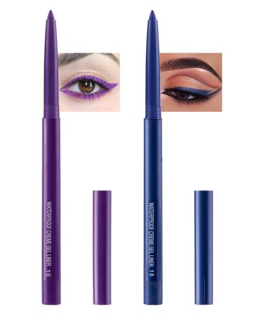 Dark Blue & Purple Gel Eyeliner 2 Colors Eyeliner Crayon Pencils Waterproof Smudge-Proof Colored Eyeliner Pen Long Lasting 24h Matte Cream Waterline Eyeliner Pen Eye Makeup for Festival(10+18)