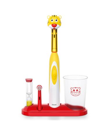 Beurer TB10 Kids Electric Toothbrush Kit - Fun Theo The Tiger Cap with 2 Extra-Soft Brush Heads to Help Remove Plaque 2 Minute Timer and Rinse Cup BPA-Free Safe for Ages 3+