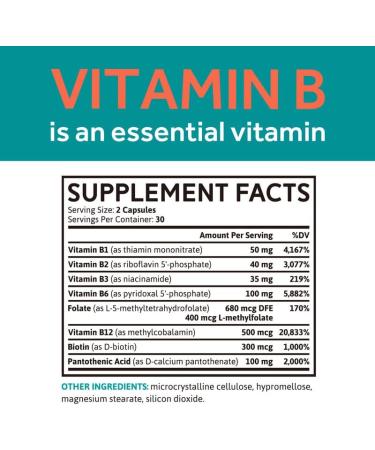 Whollium Vitamin B Complex with Methyl B12, Folate, Niacinamide & Biotin - Energy & Brain Support - 60 Vegan Caps - Buy Online on GoSupps.com