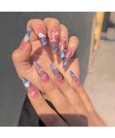 JUSTOTRY 24 Pcs Stiletto Moon Fake Nails Long Navy French Press on Nails Patterns Beautiful Cloud Almond Stick on Nails for Women Acrylic Extra Long False Nails Long with Glue for Nail Art moon& Stiletto1