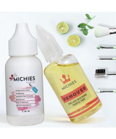 Lace Wig Glue and Lace Glue Remover Set Strong Hold for Wigs Waterproof securely Safe for Sensitive Skin Lace Front Wig Glue and Remover.(1.3&1OZ) Wig Glue-38ml&Remover-30ml