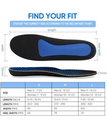 Plantar Fasciitis Arch Support Insoles for Men & Women | Full Length Orthotic Inserts for Flat Feet & Foot Pain Relief | Blue/Black (Size L: Men's 11-13.5 / Women's 13-15.5 - Buy Online on GoSupps.com