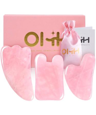 Gua Sha Facial Tools Set, OHH Rose Quartz Gua Sha Scraping Massage Tool for SPA Acupuncture Therapy Trigger Point Treatment, Face Massager for Facial Skincare, Pack of 3 Pink