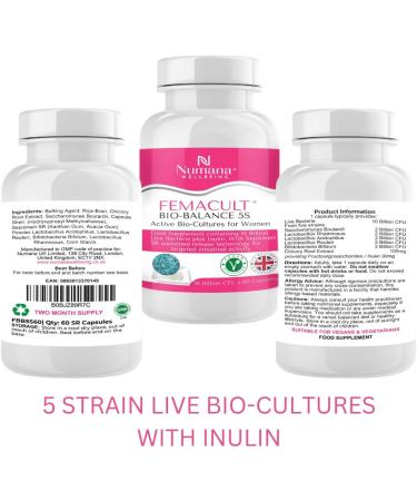 FEMACULT Bio-Balance 5S by Numana Wellbeing | New 60 Capsules Pack | 5 Strain | 10 Billion Live Bacteria for Women | Vaginal & Gut Friendly Bacterial Cultures | Candida Yeast Balance Support - Buy Online on GoSupps.com