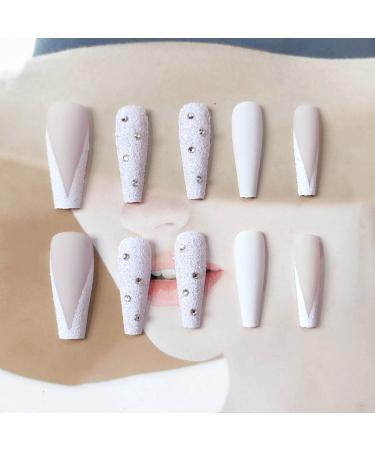 Bufenia French Coffin Ballerina Artificial Fingernails - 24 Translucent Matt Long Glitter Nails for Women & Girls - Easy Plug-in & Stick-On - Buy Online on GoSupps.com