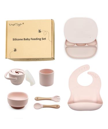 Baby Weaning Set | Toddler Feeding Set | Baby Plate Cup Bowl Spoon Fork Snack Cup Lid | Silicone and Wood Materials (Light Pink)