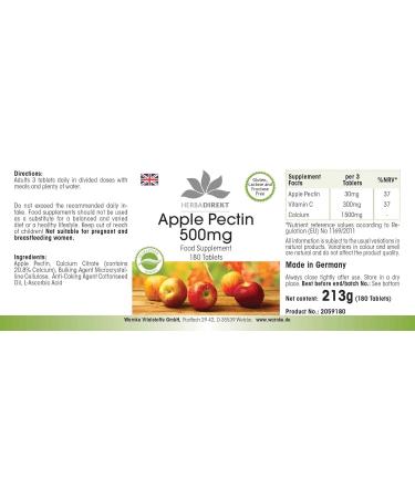 Apple Pectin 500mg - 180 tablets - Calcium | herba direkt - Quality from German Pharmacies - Buy Online on GoSupps.com