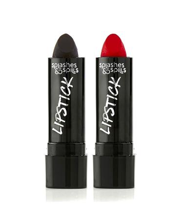 Vivid Black and Red Lipstick - 2 Pack Combo - Bold Translucent No Sheen Lip Color With Matte Finish - Makeup and Cosmetics by Splashes  Spills 1 Midnight Black  1 Scarlet Red