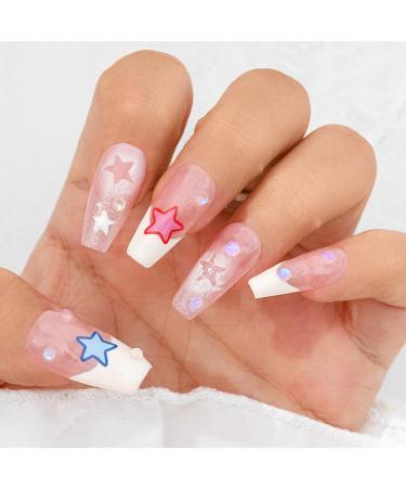 Sethexy Handmade French Long Coffin False Nails - 3D Crystal & Road Stones Press-On Acrylic Nails for Women & Girls - Buy Online on GoSupps.com