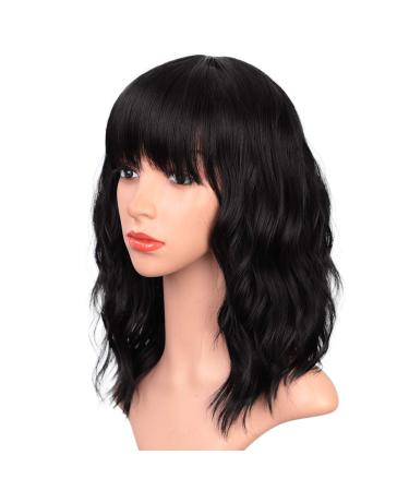 ENTRANCED STYLES Black Wigs with Bangs for Women 14 Inches Synthetic Curly Bob Wig for Girl Natural Looking Wavy Wigs