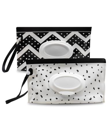 Baby Wipe Dispenser,Portable Refillable Wipe Holder,Baby Wipes Container,Wipes Bag,Reusable Travel Wet Wipe Pouch (2PACK) Black&White