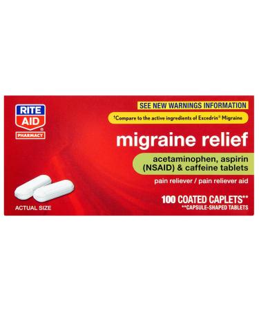 Rite Aid Migraine Relief, Acetaminophen 250mg, Aspirin 250mg, Caffeine 65mg  100 Count Caplets | Pain Reliever/Fever Reducer | NSAID Anti-Inflammatory | Migraine Relief Products | First Aid Kit