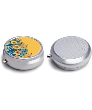 Buy Round Yellow & Blue Floral Print Pill Box - 3 Compartment Portable Medicine Organizer | Decorative Metal Pill Case - Buy Online on GoSupps.com