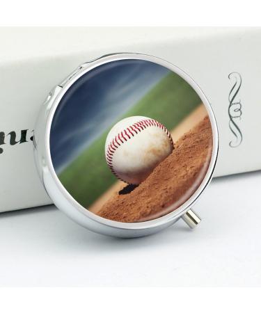 Shop Decorative Round Baseball Print Pill Box - 3 Compartment Portable Medicine Organizer | Metal Pocket Pill Case - Buy Online on GoSupps.com